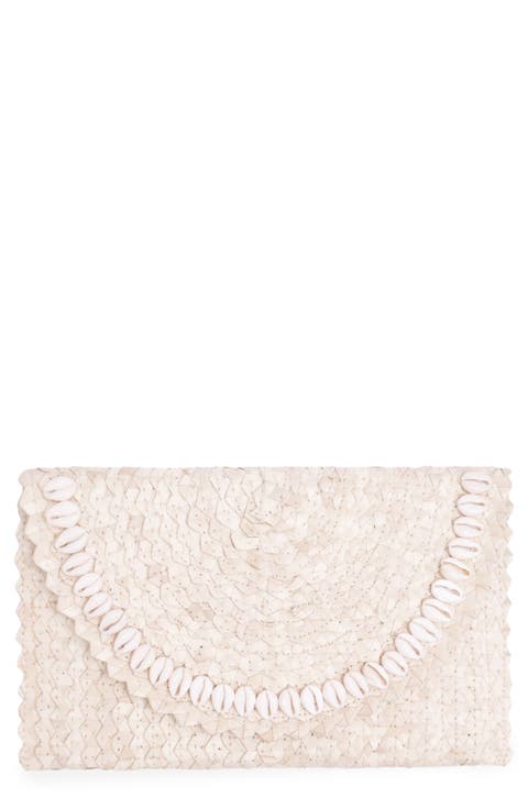 Coco Seashell Trim Handwoven Raffia Clutch
