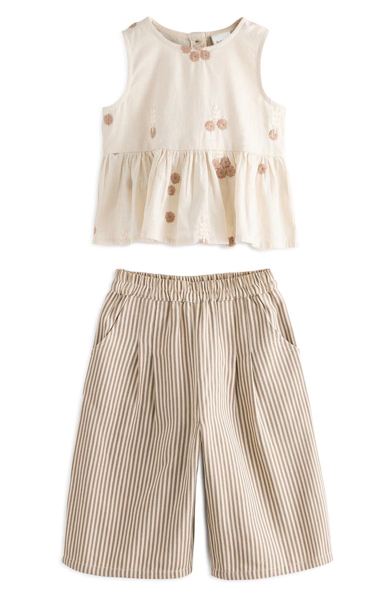 NEXT Kids' Embroidered Cotton & Linen Peplum Top & Stripe Pants Set, Main, color, 