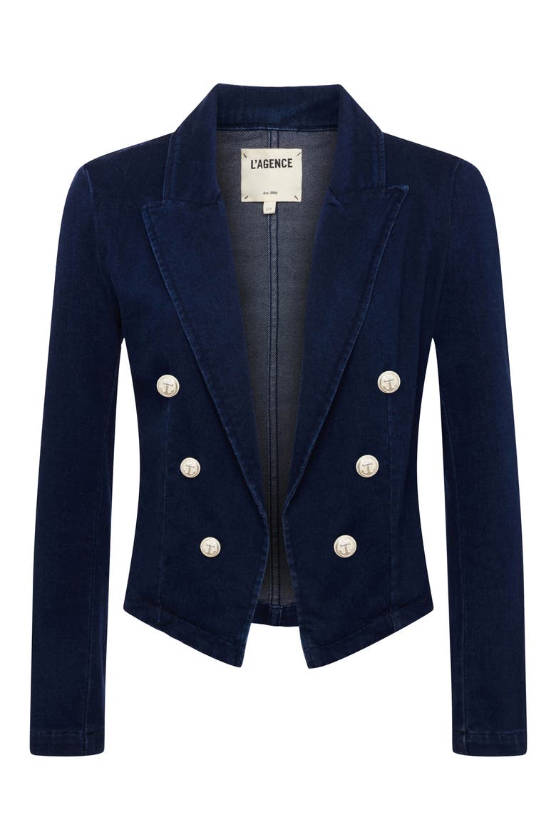 Wayne Crop Denim Double Breasted Jacket, Alternate, color, PALOMINO