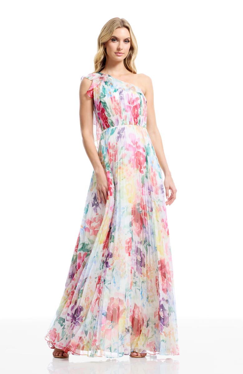 Dress the Population Leandra One-Shoulder Chiffon Gown, Alternate, color, Ivory Multi