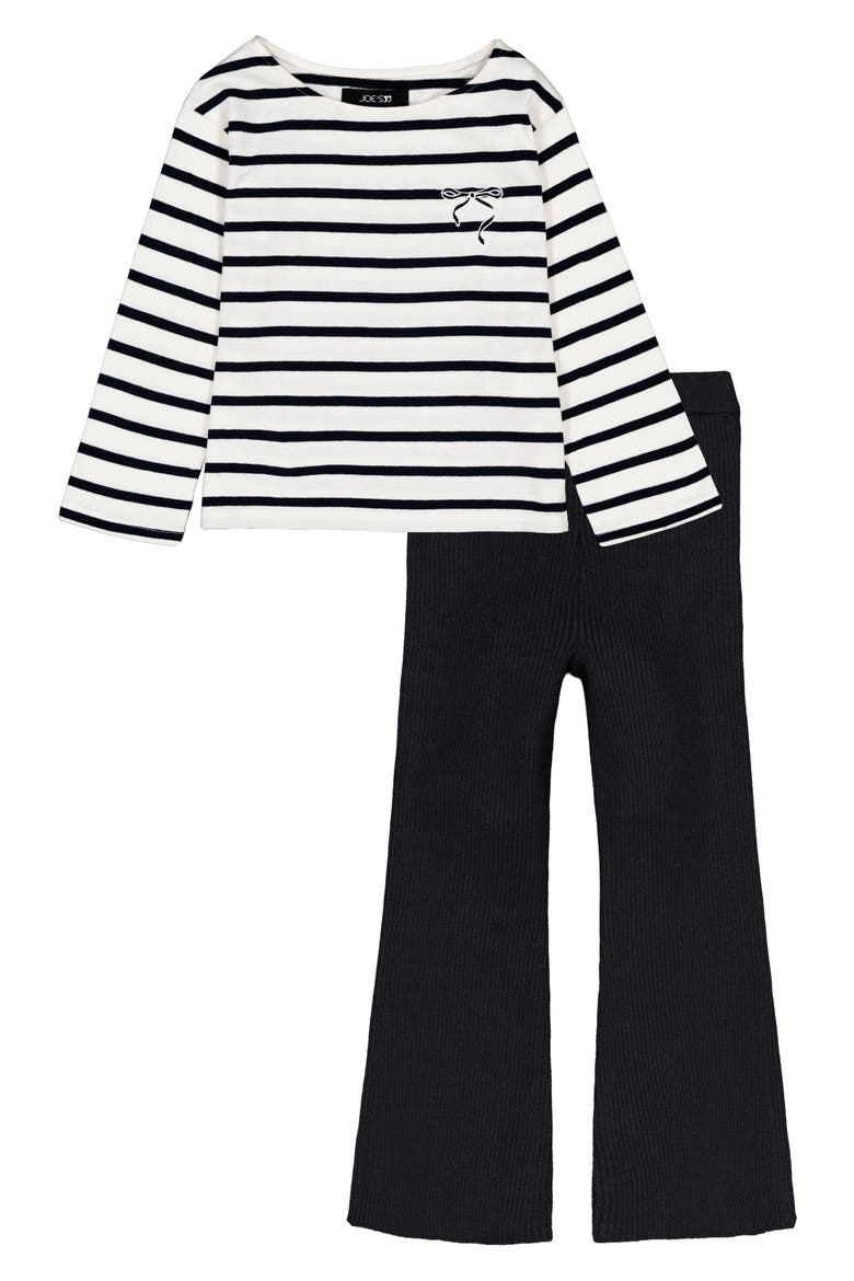 Stripe Long Sleeve Top & Rib Flare Leggings Set, Main, color, BLACK