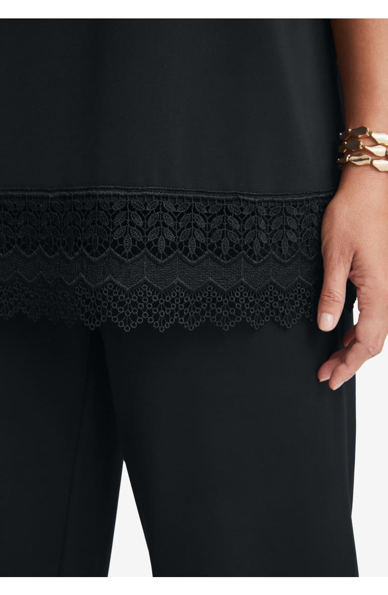 Jessica London 2-Piece Stretch Knit Lace Trim Crop Set, Alternate, color, Black