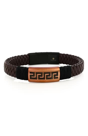 Blackjack Stainless Steel Greek Key Woven Leather Bracelet