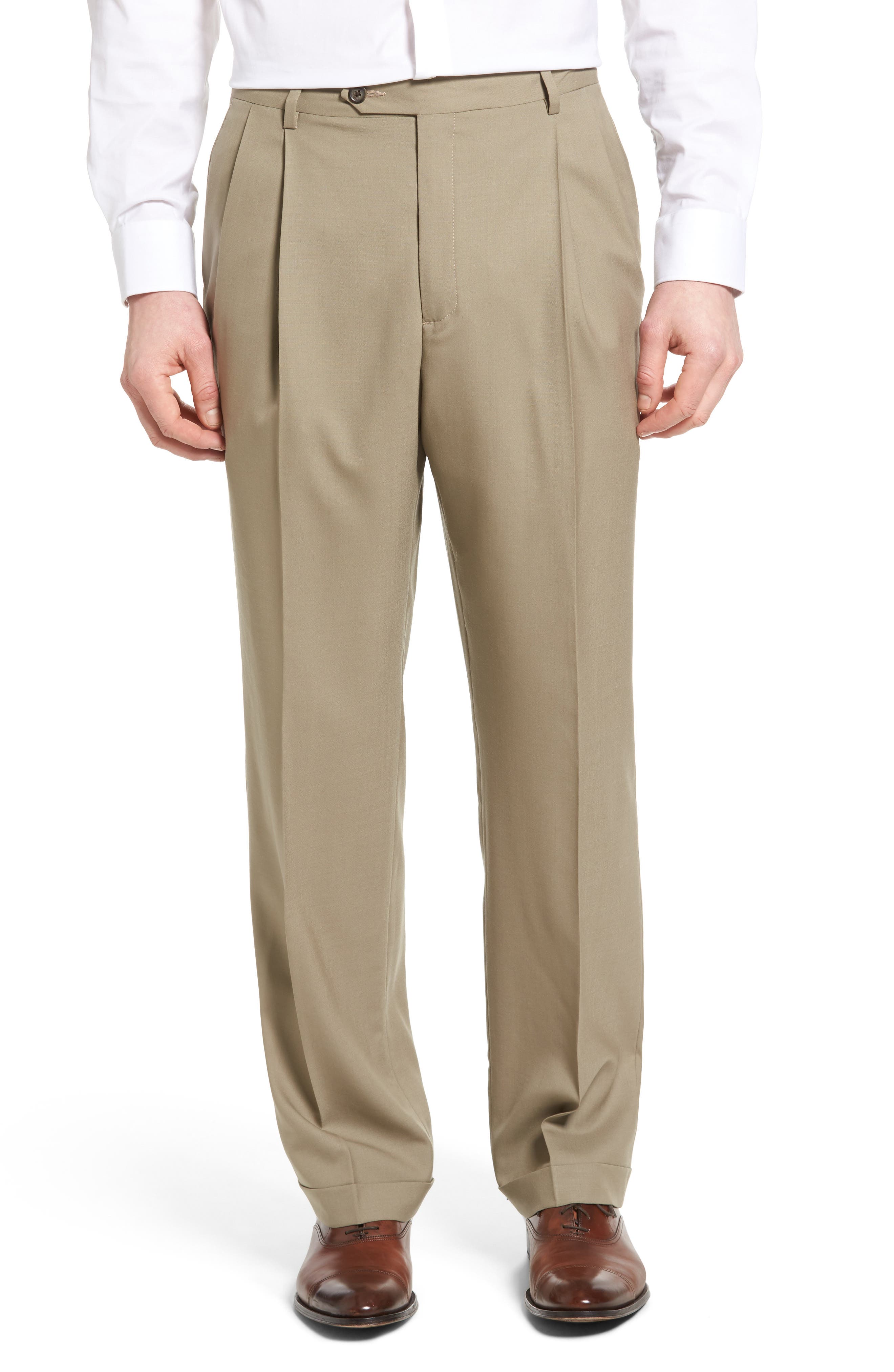 Berle Lightweight Plain Weave Pleated Classic Fit Trousers in Tan 