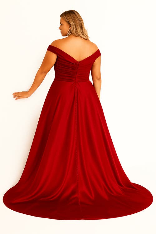 Sydney's Closet Off-the-shoulder Elegant Satin Evening Ballgown In Red