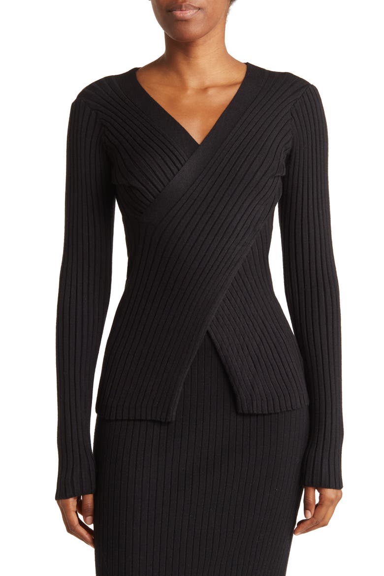 Wrap Ribbed Sweater, Main, color, BLACK