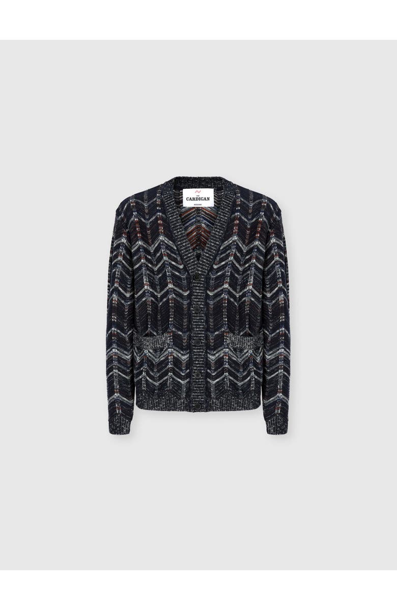 Missoni Cotton Chevron Cardigan With Ribbed Trims, Main, color, Blue
