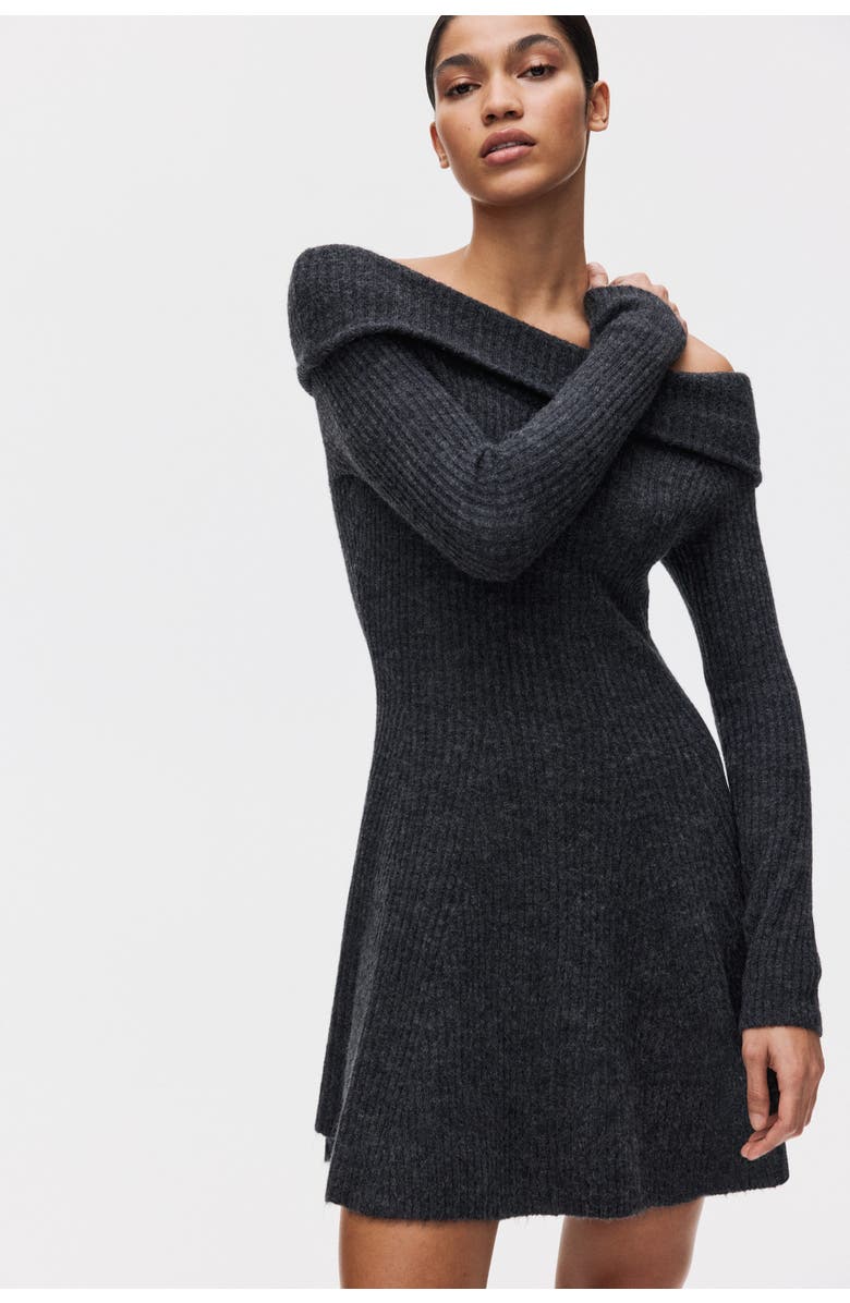 H&M Rib-knit Off-the-shoulder Dress, Main, color, Dark Gray Melange