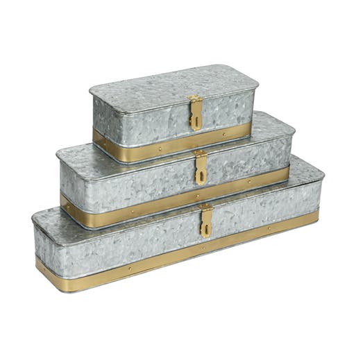 Storied Home Decorative Metal Boxes With Lid, Galvanized Metal With Gold Band, Set Of 3 In Silver