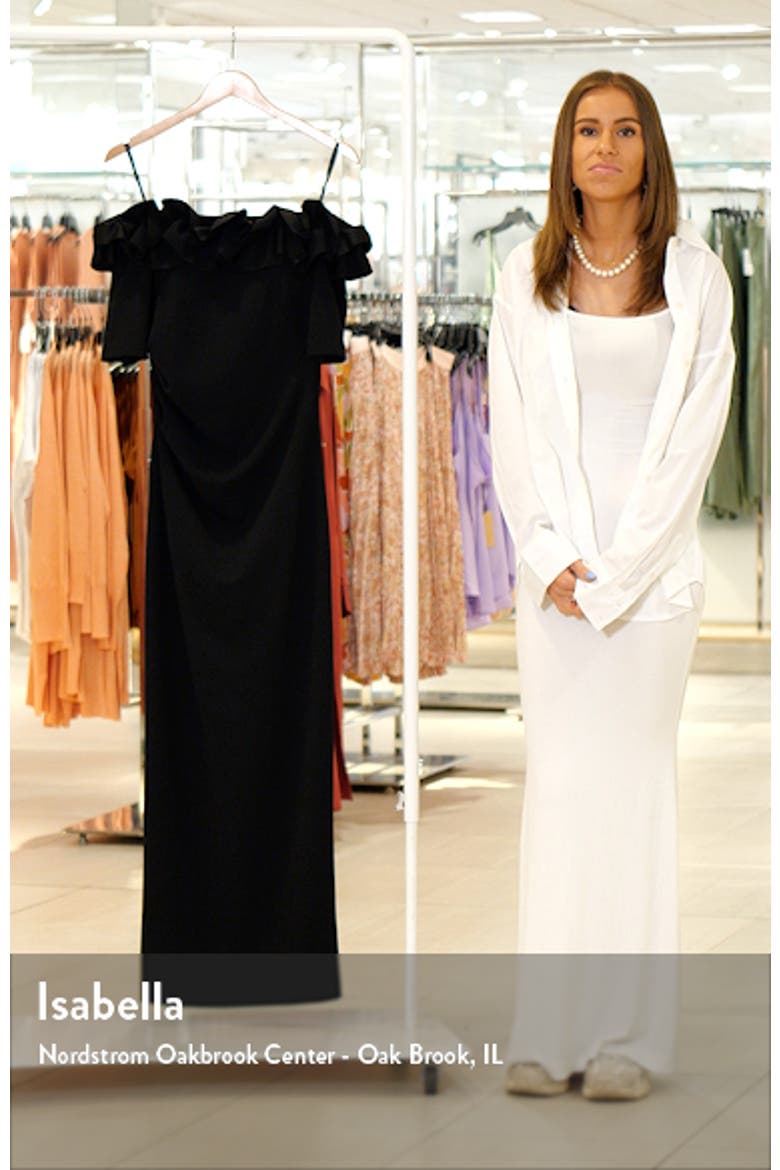 Ruffle Off the Shoulder Crepe Column Gown video