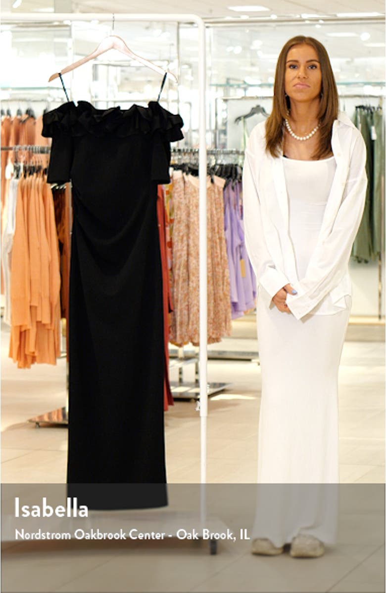 Ruffle Off the Shoulder Crepe Column Gown, sales video thumbnail