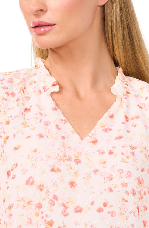 Cece Floral Clip Dot Smocked Cuff V-neck Top