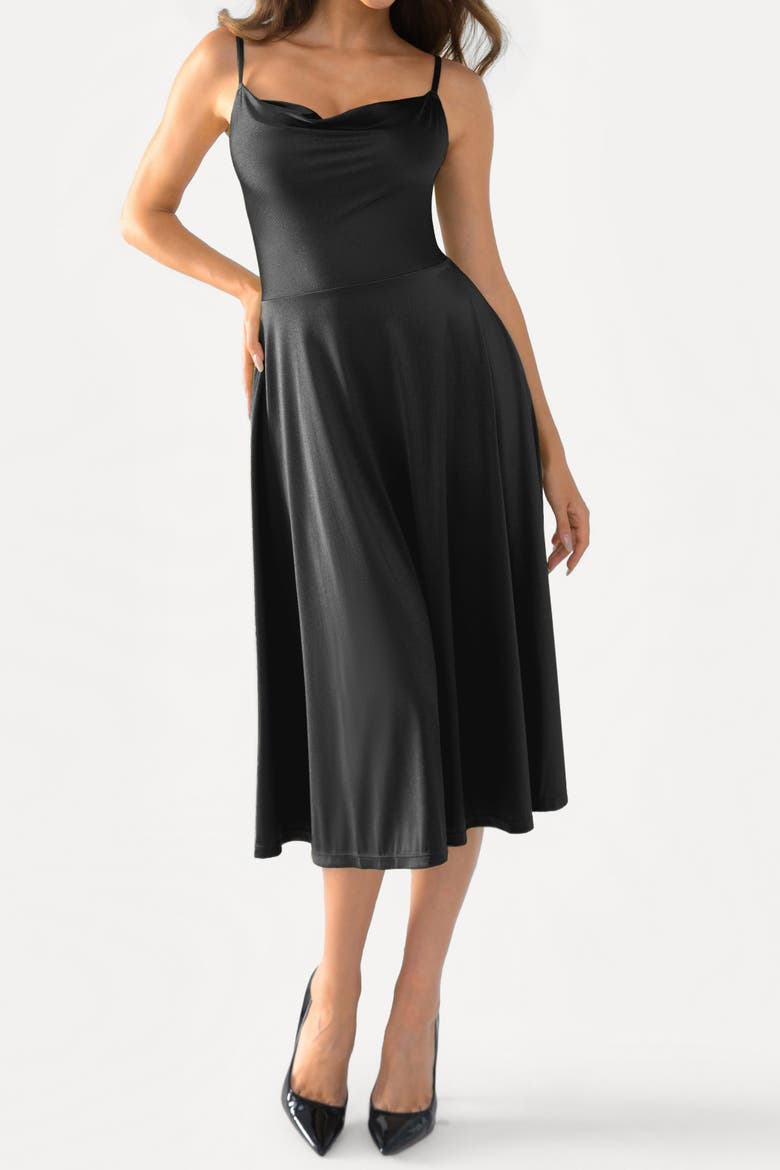 Shapewear Strappy Cowl Neck Vacation & Date Night Fit & Flare Midi Dress, Alternate, color, Midnight Black