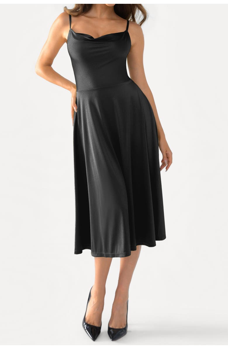 Popilush Shapewear Strappy Cowl Neck Vacation & Date Night Fit & Flare Midi Dress, Alternate, color, Midnight Black