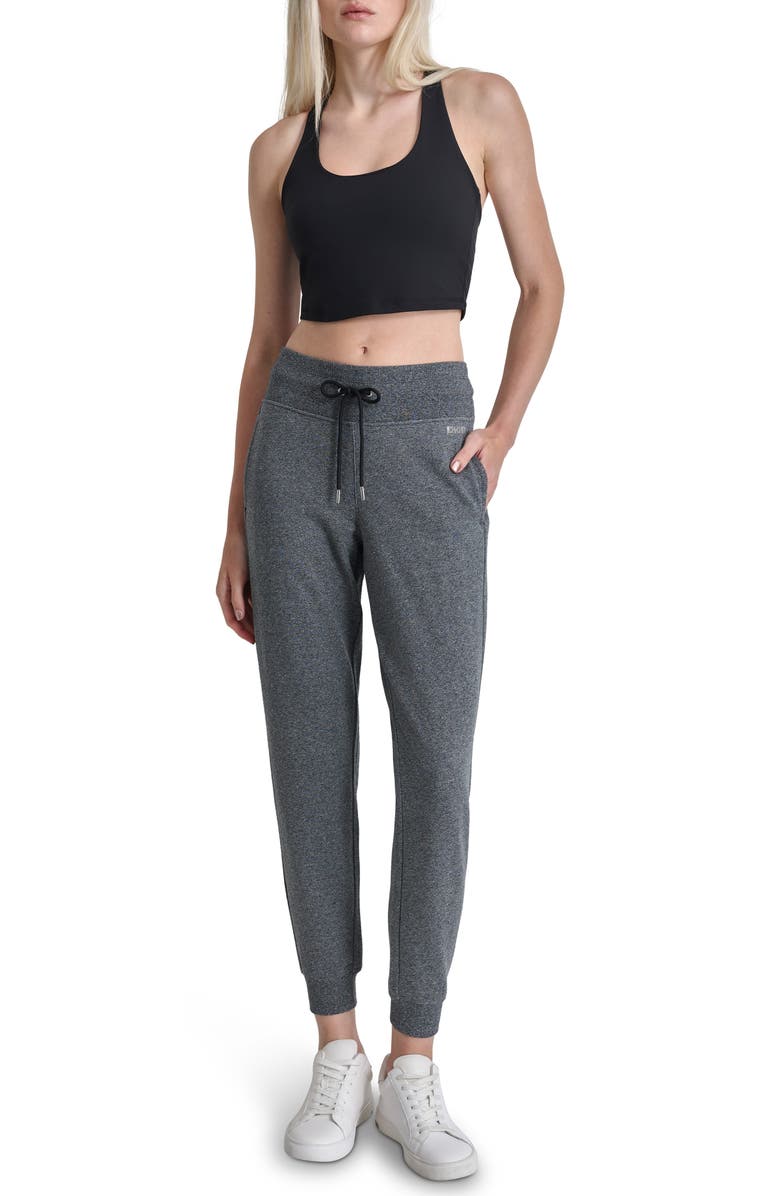 DKNY Rhinestone Logo Cuffed Fleece Joggers, Alternate, color, Black Heather