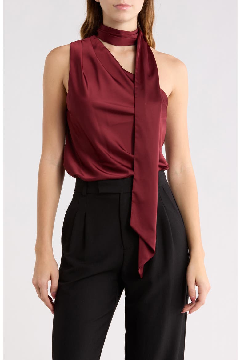Tie Neck One-Shoulder Satin Top, Main, color, BURNT RED