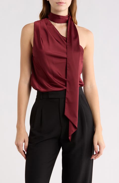 Tie Neck One-Shoulder Satin Top