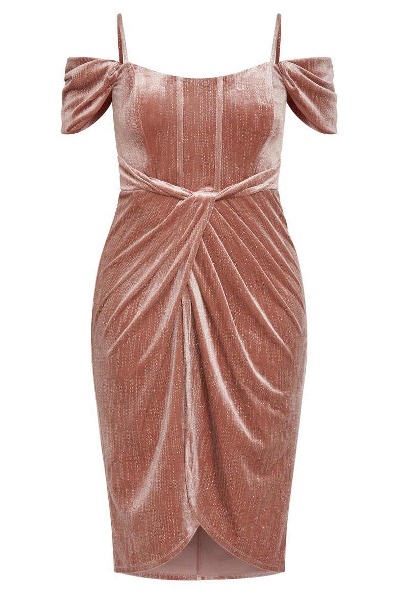 Jayla Glitter Stripe Cold Shoulder Velour Cocktail Dress, Alternate, color, ROSE