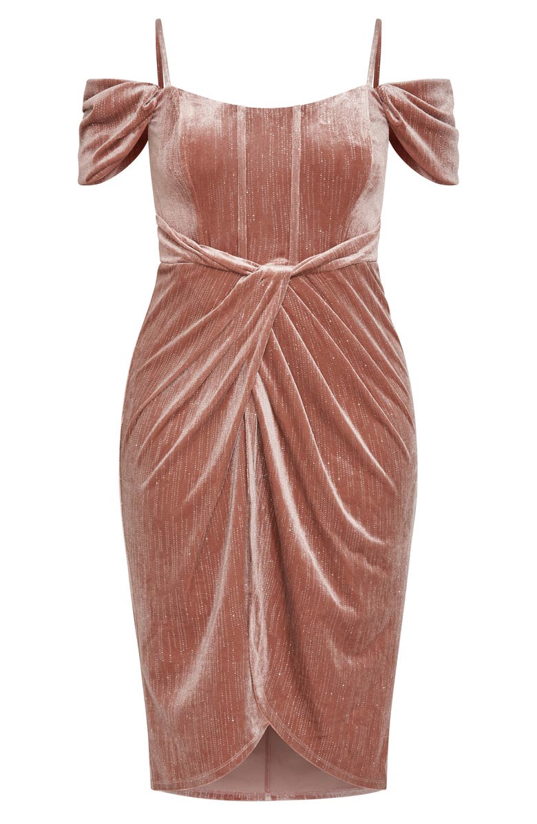 City Chic Jayla Glitter Stripe Cold Shoulder Velour Cocktail Dress, Alternate, color, Rose