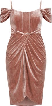 City Chic Jayla Glitter Stripe Cold Shoulder Velour Cocktail Dress