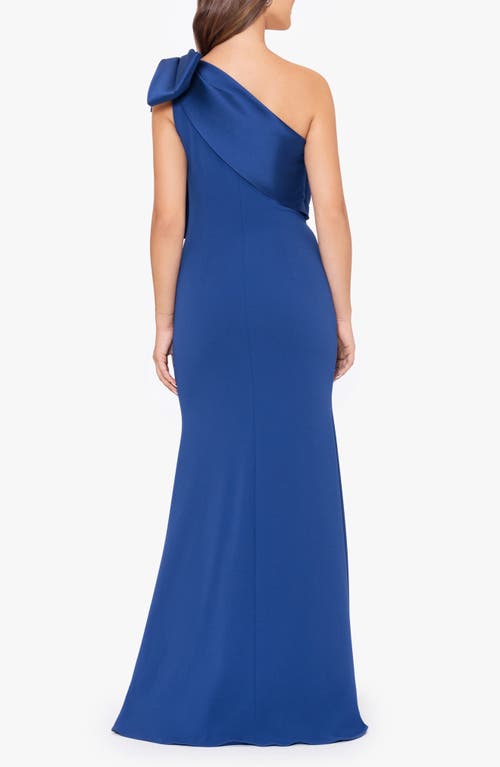 Betsy & Adam Satin Bow Crepe Mermaid Gown In Blue