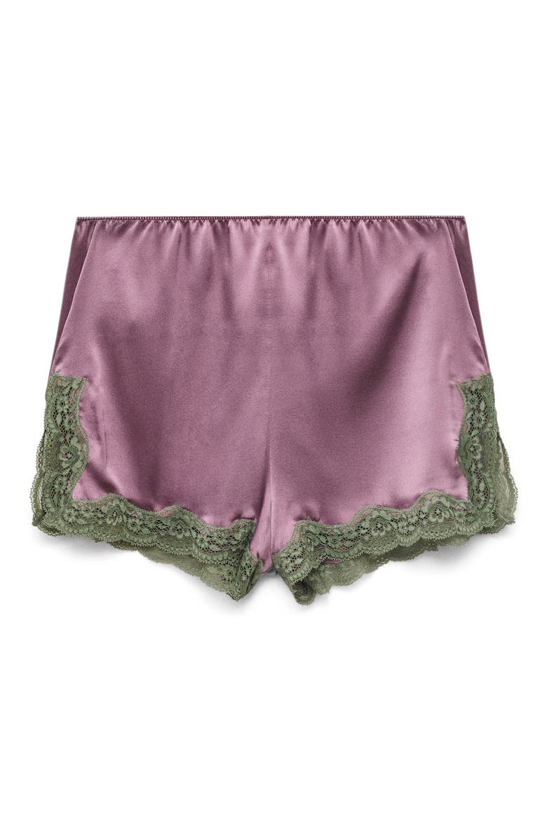 Contrast Lace Trim Stretch Silk Pajama Shorts, Alternate, color, PLUM