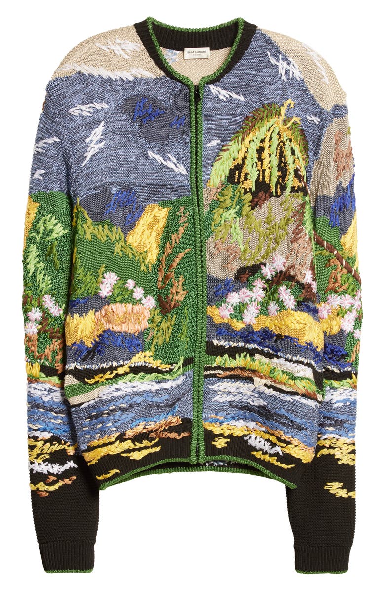 Saint Laurent Teddy Embroidered Tropical Jacquard Sweater Jacket, Alternate, color,
