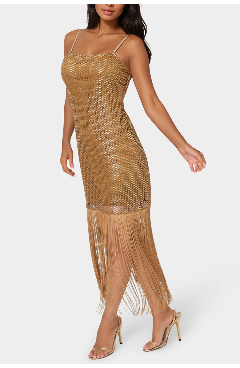 bebe Sequin Crotche Fringe Dress, Alternate, color, Bronze
