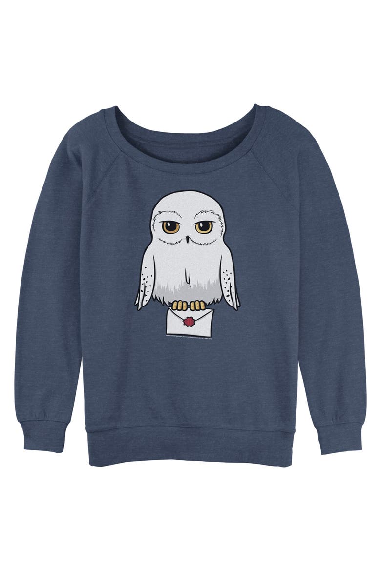 Junior's Harry Potter Cartoon Hedwig Letter  Sweatshirt, Main, color, Blue Heather