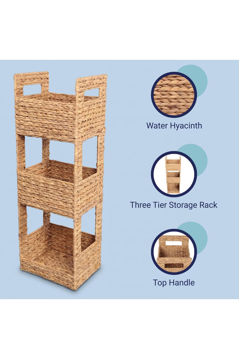 Savannah Coastal Handwoven Water Hyacinth 3-Tier Freestanding Storage Tower with Metal Frame and Handles, Alternate, color, Natural