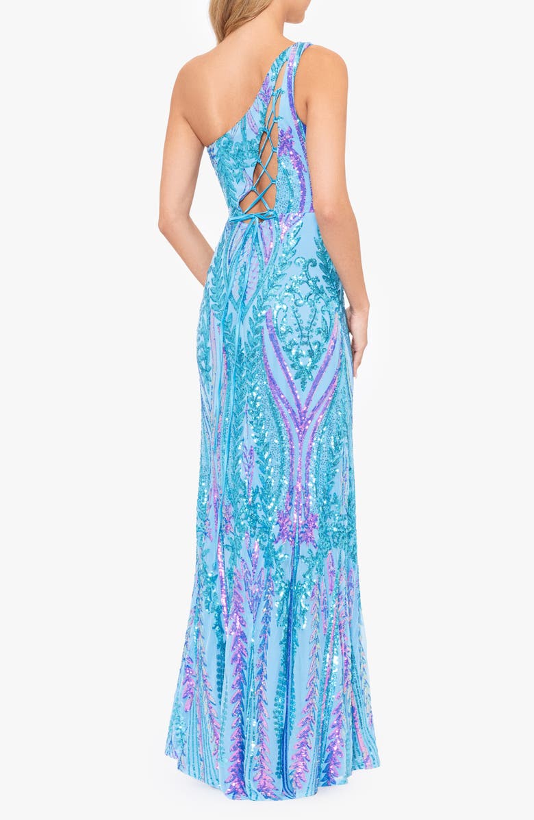 Blondie Nites Sequin Tie-Back Gown, Alternate, color, Aqua Multi