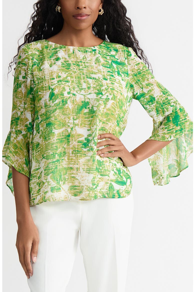 Printed Ruffle Sleeve Chiffon Top, Main, color, LUSH GREEN MULTI