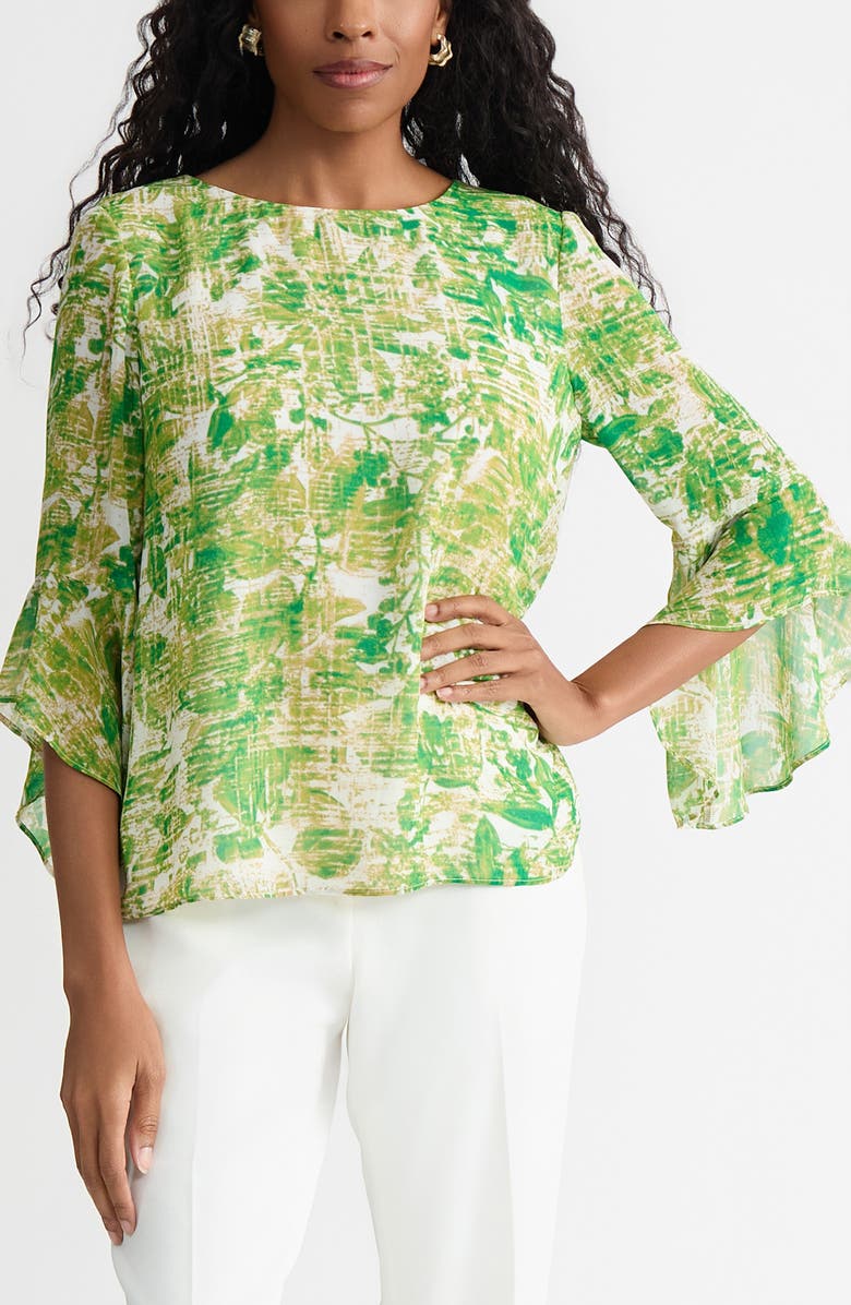 KASPER Printed Ruffle Sleeve Chiffon Top, Main, color, 