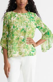 KASPER Printed Ruffle Sleeve Chiffon Top