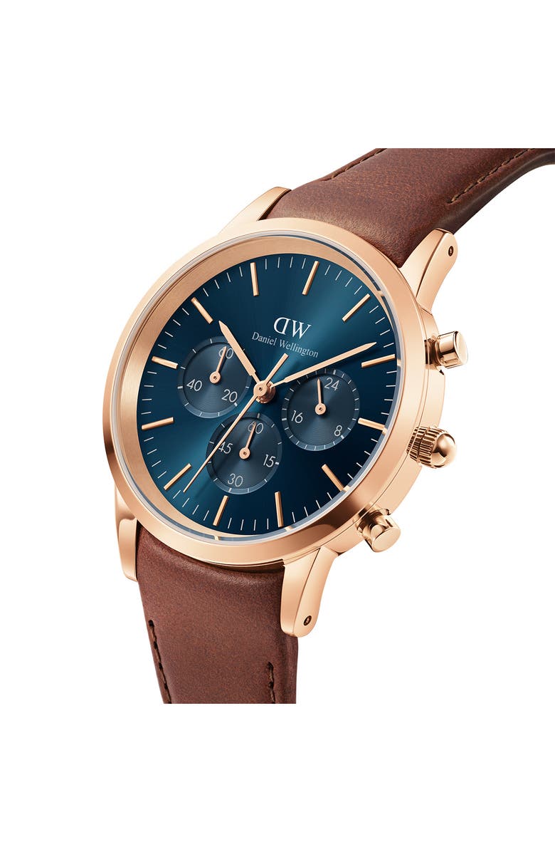 Daniel Wellington Iconic St. Mawes Chronograph Leather Strap Watch, 42mm, Alternate, color, Rose_gold