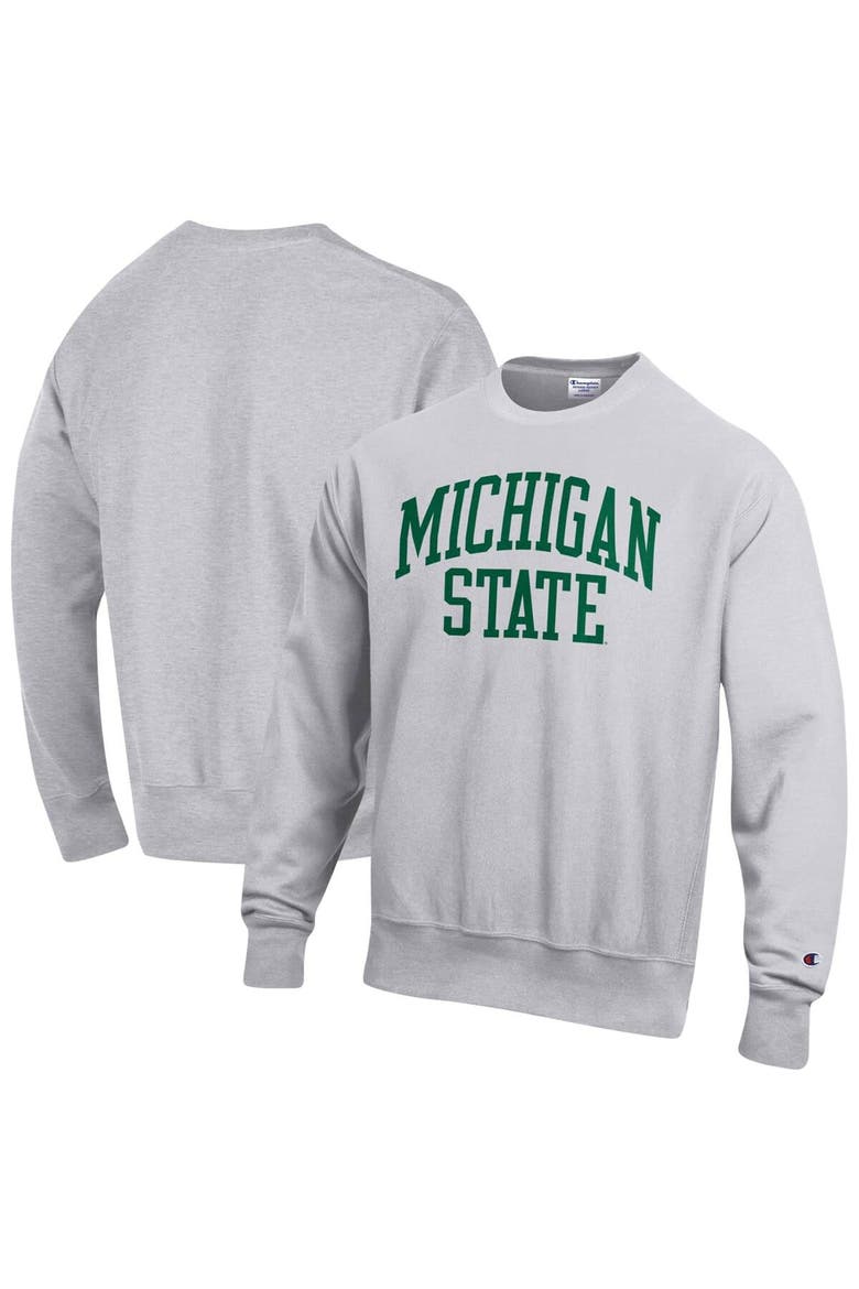 Men's Champion Heathered Gray Michigan State Spartans Arch Reverse Weave Pullover Sweatshirt, Main, color, Heather Gray