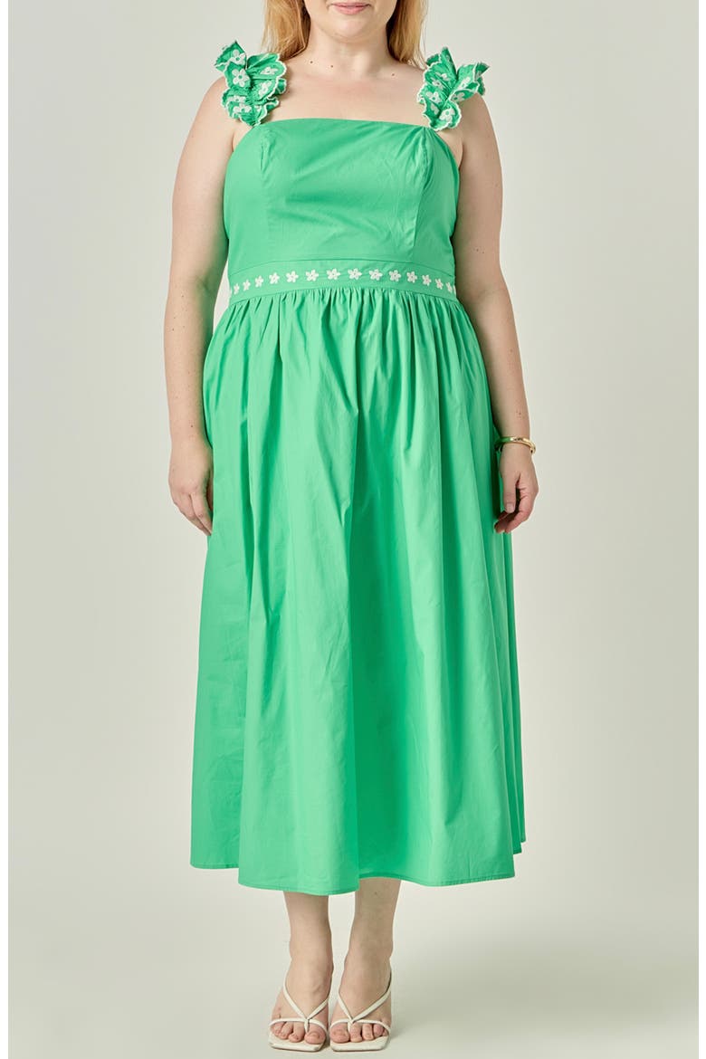 Flower Embroidered Ruffle Midi Dress, Main, color, GREEN