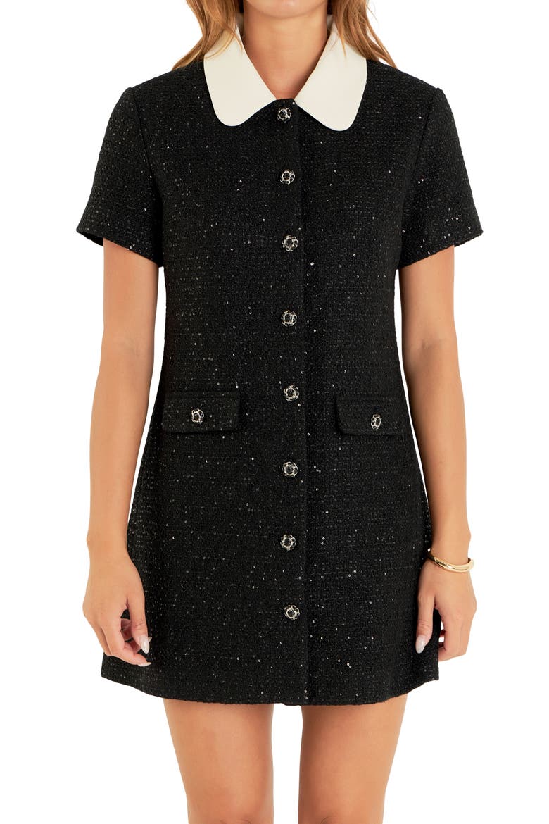 Sequin Tweed Button Up Minidress, Alternate, color, BLACK