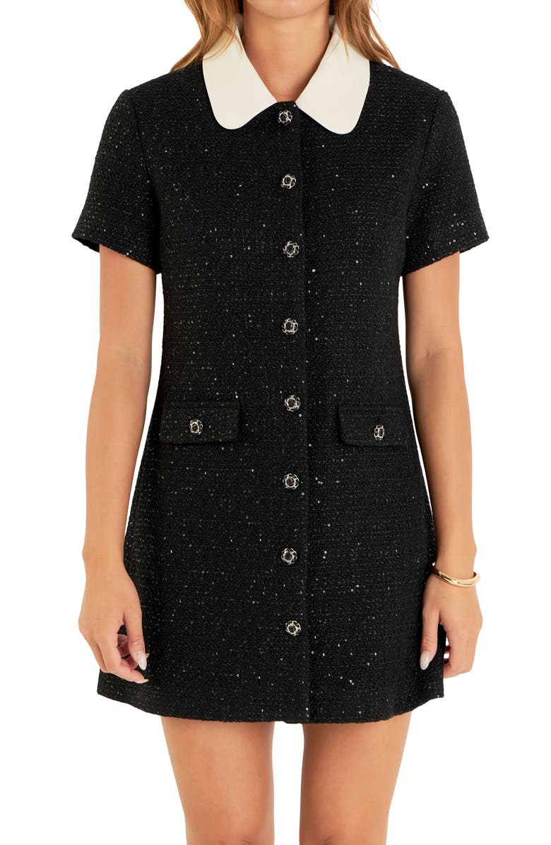 English Factory Sequin Tweed Button Up Minidress, Alternate, color, Black