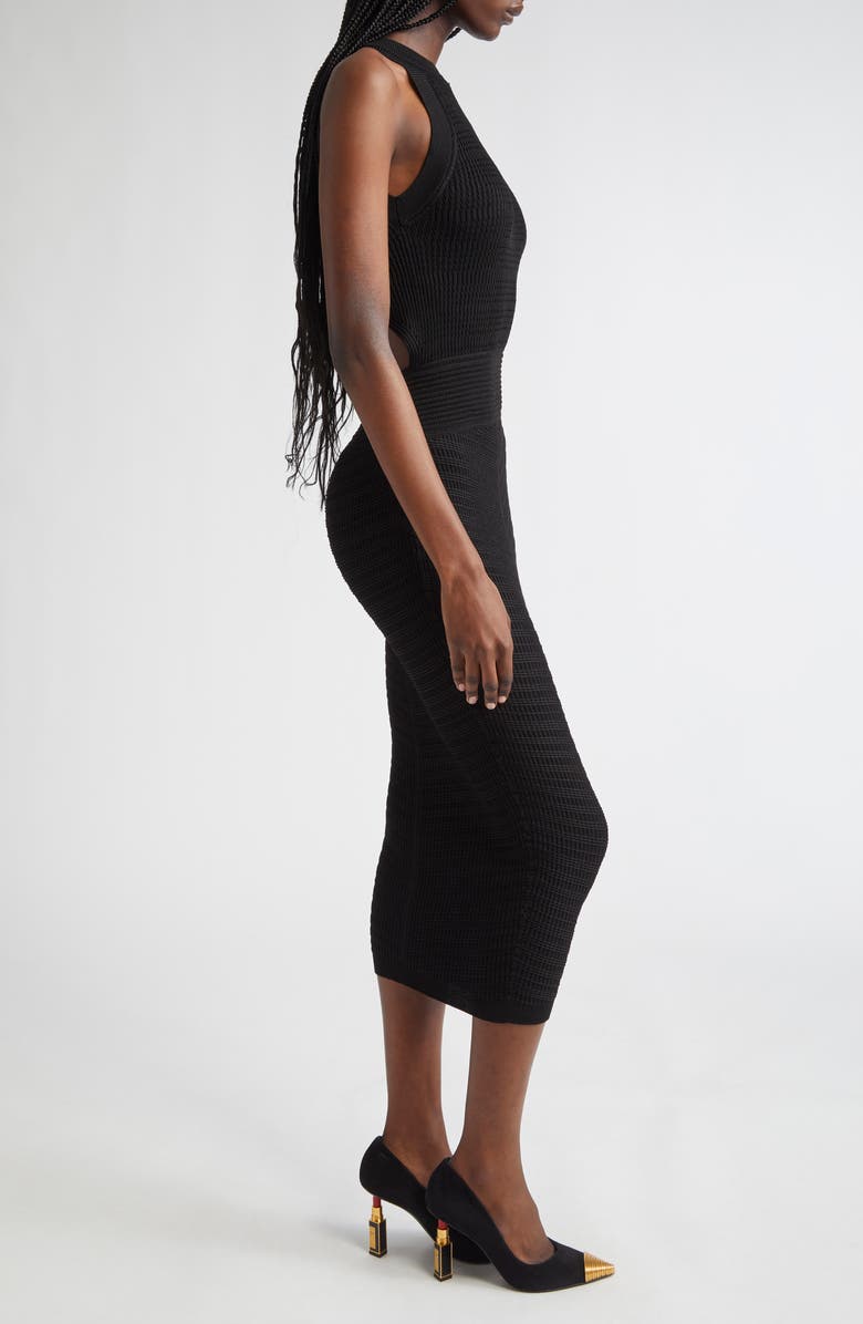 Balmain MIxed Stitch Sleeveless Body-Con Midi Dress, Alternate, color, Black