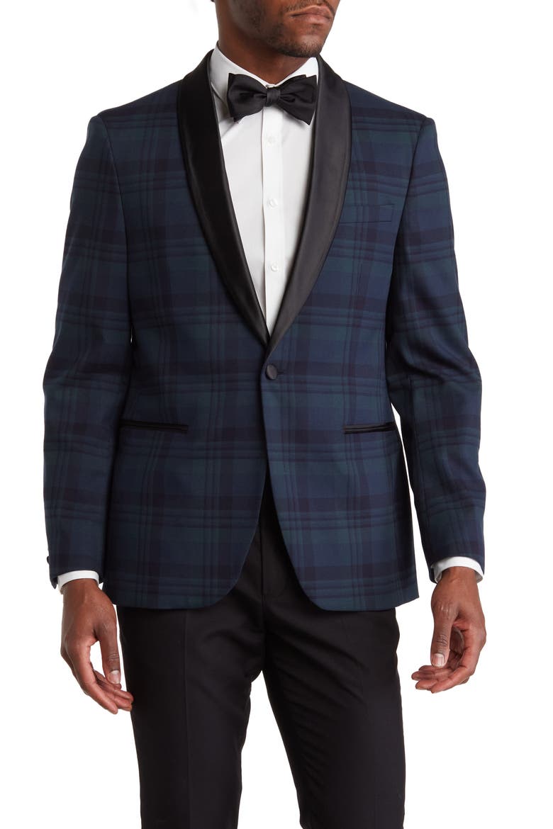 Blackwatch Plaid Satin Shawl Collar Jacket, Main, color, NAVY