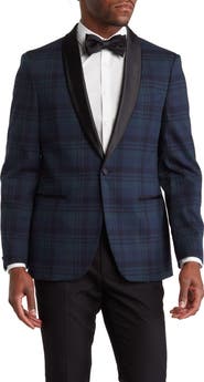 SAVILE ROW CO Blackwatch Plaid Satin Shawl Collar Jacket