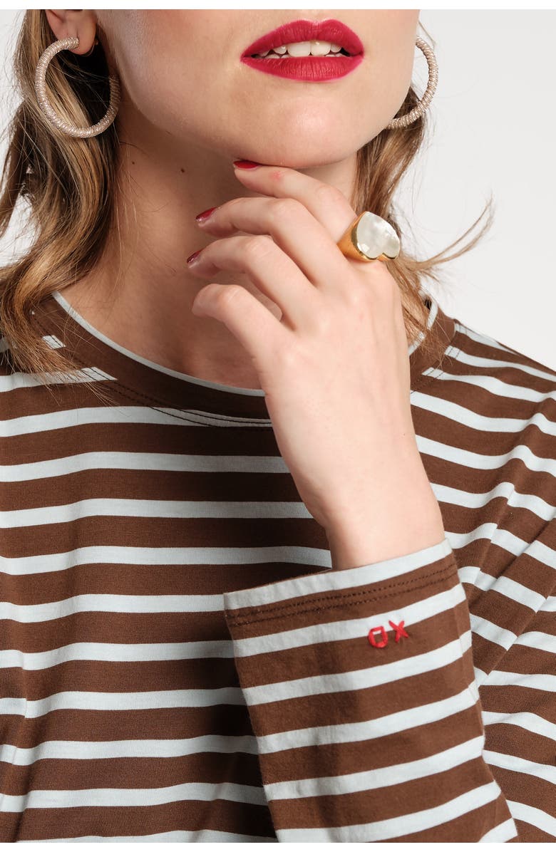 Frances Valentine Long Sleeve Striped Tee Shirt Stripe 100% Pima Cotton, Alternate, color, Chocolate/Light Blue