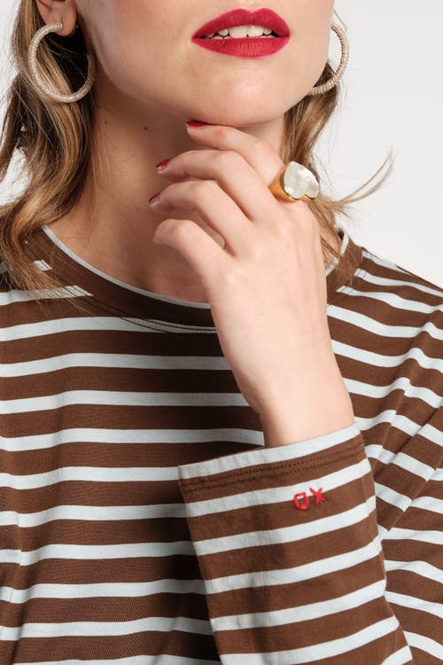 Shop Frances Valentine Long Sleeve Striped Tee Shirt Stripe 100% Pima Cotton In Chocolate/light Blue