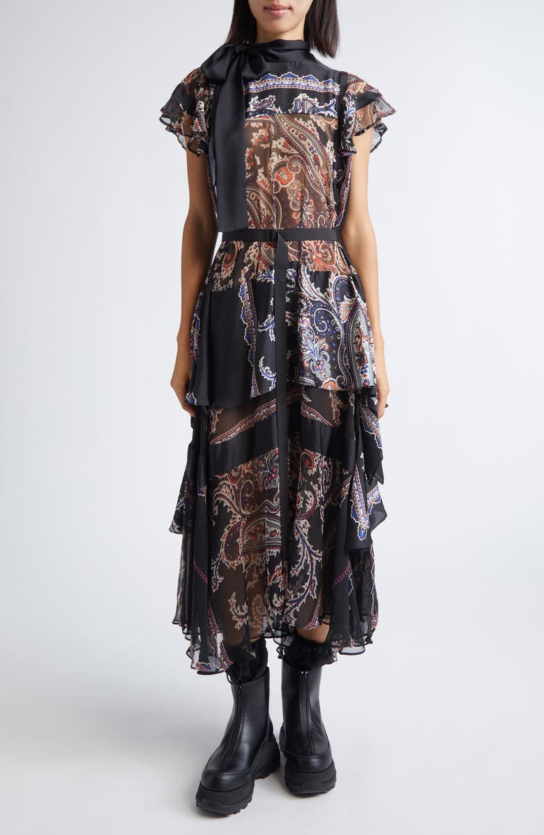 Sacai Paisley Tie Neck Tiered Dress, Main, color, Black