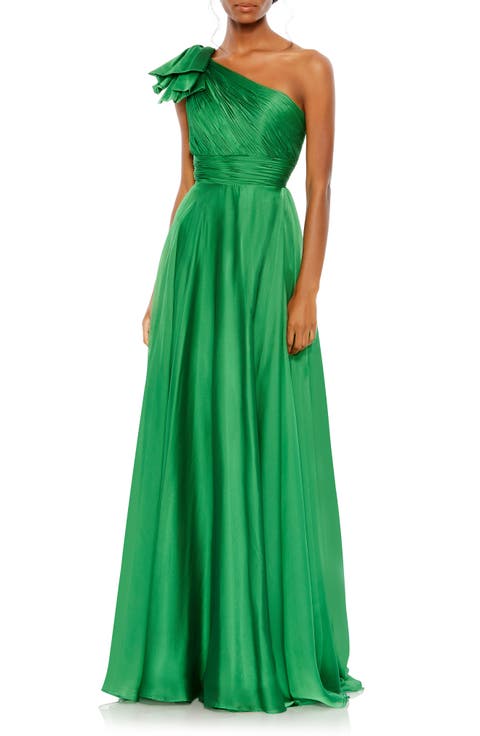 One Shoulder Pleated Chiffon Gown with Draped Waist and High Slit