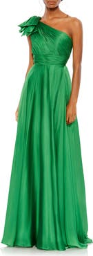 Mac Duggal One Shoulder Pleated Chiffon Gown with Draped Waist and High Slit
