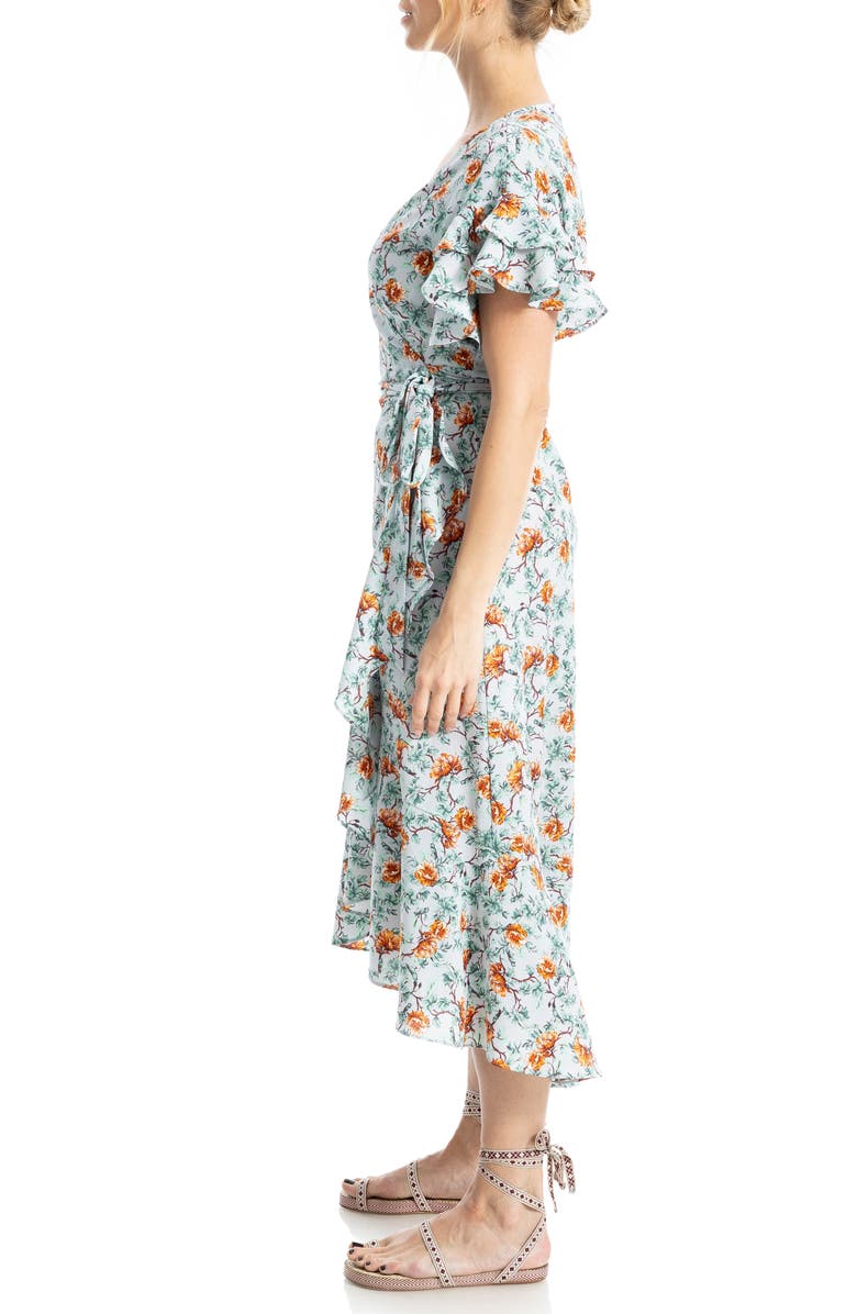 MAX STUDIO Ruffle Crepe High/Low Wrap Midi Dress, Alternate, color, Pale Blue Cascading Cmlls