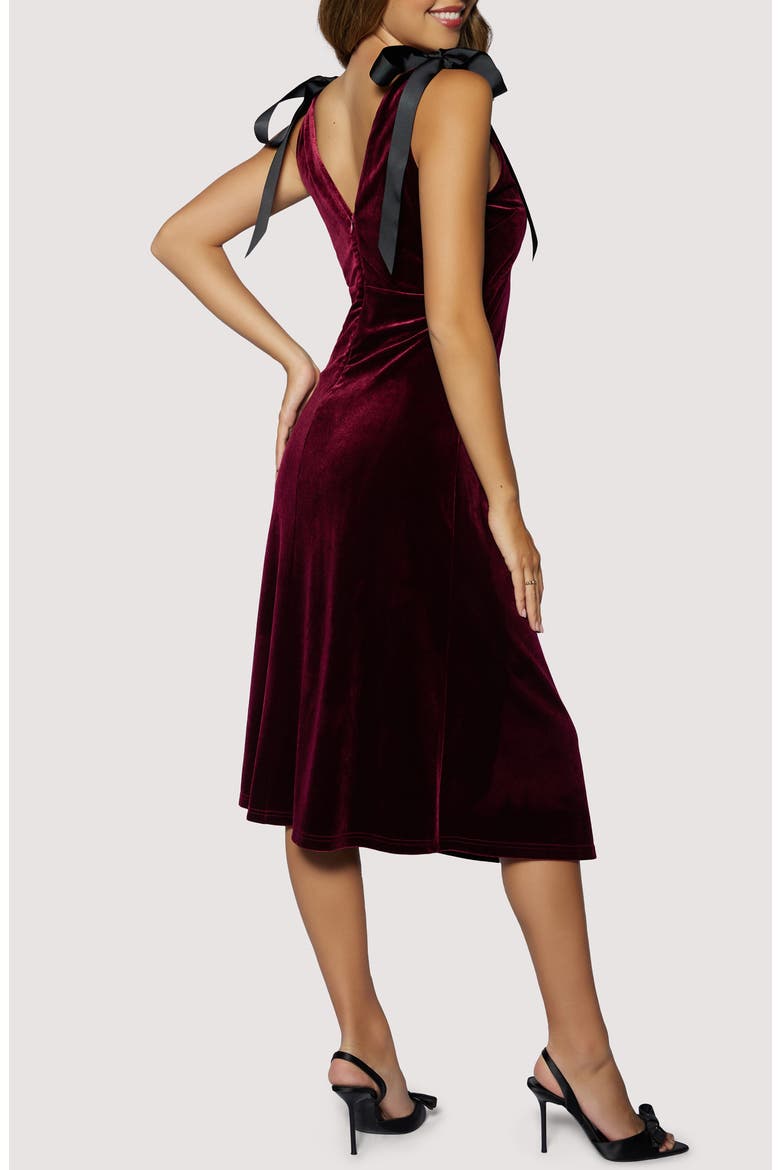 Adorned Virtue Bow Detail Velvet Midi Dress, Alternate, color, PLUM