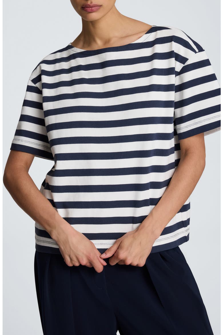 Stripe Boatneck Cotton T-Shirt, Main, color, PURE WHITE/ DK NAVY